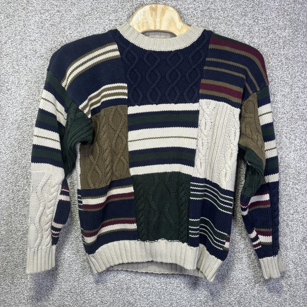 Woods&Gray Sweater Mens XL Multicolor Patchwork Cable Knit Crewneck Hong Kong